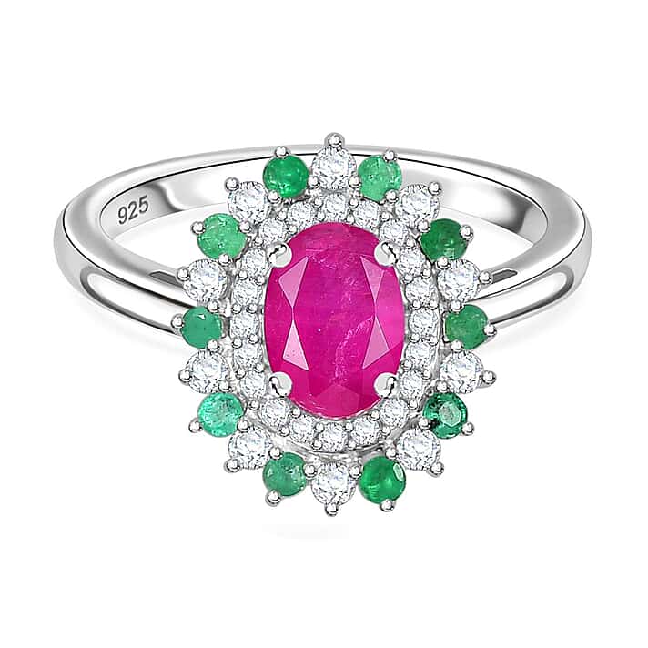 Gemfields Montepuez Ruby, Emerald, Moissanite Halo Ring in Rhodium Overlay Sterling Silver 1.85 ct