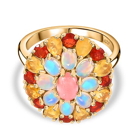 Peach Opal, Fire Opal, Yellow Opal, Ethiopian Opal Cluster Ring in 18K Yellow Gold Vermeil Plated Sterling Silver 2.55 Ct.