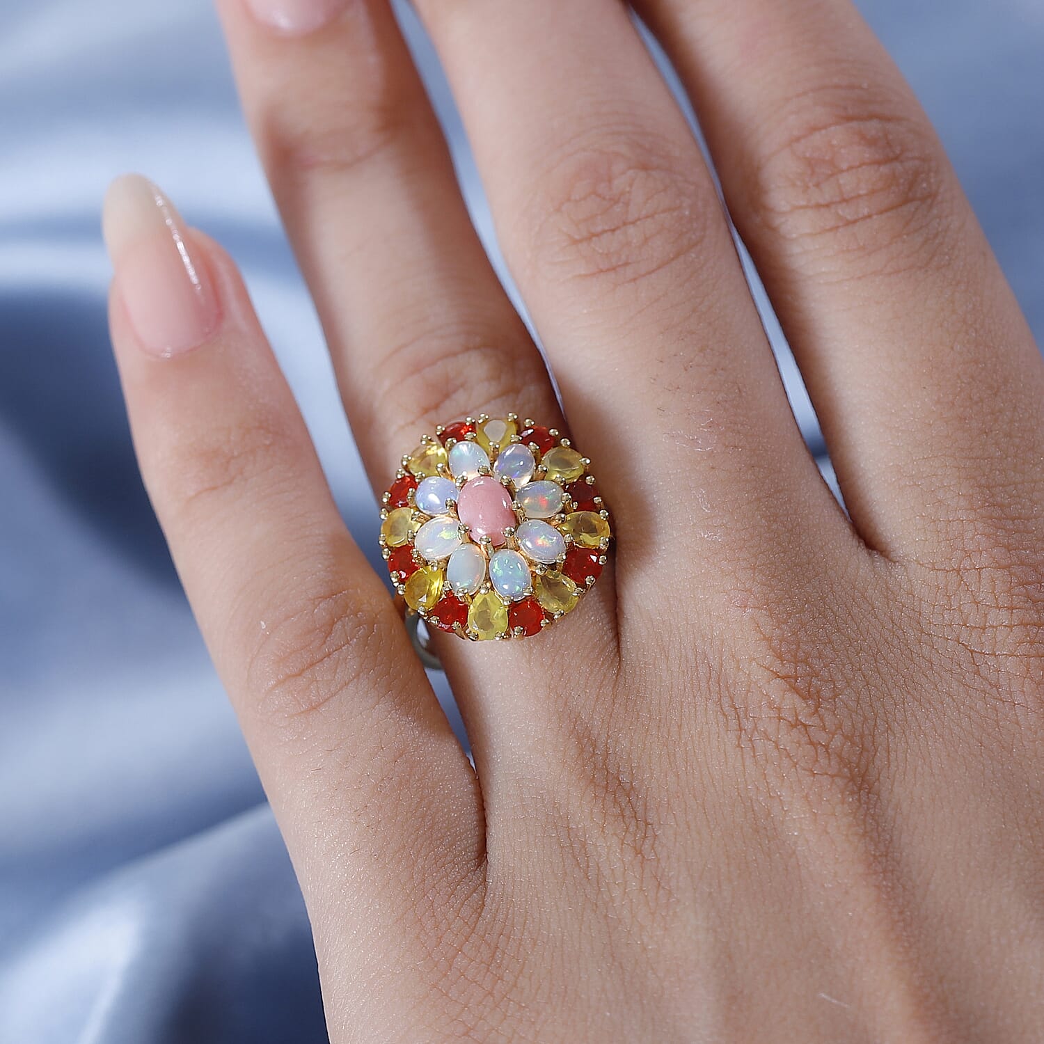 Opal Opulence - Peach, Welo, Yellow & Fire Opal Cluster Ring in 18K Vermeil Yellow Gold Plated Sterling Silver 2.86 Ct.