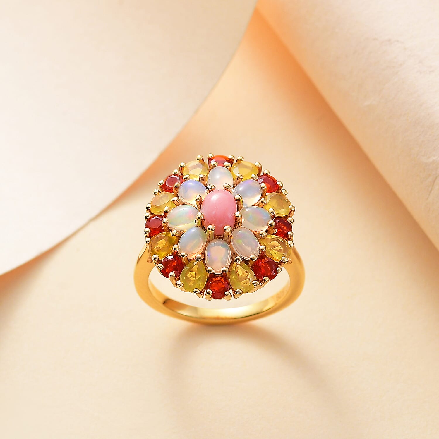 Opal Opulence - Peach, Welo, Yellow & Fire Opal Cluster Ring in 18K Vermeil Yellow Gold Plated Sterling Silver 2.86 Ct.