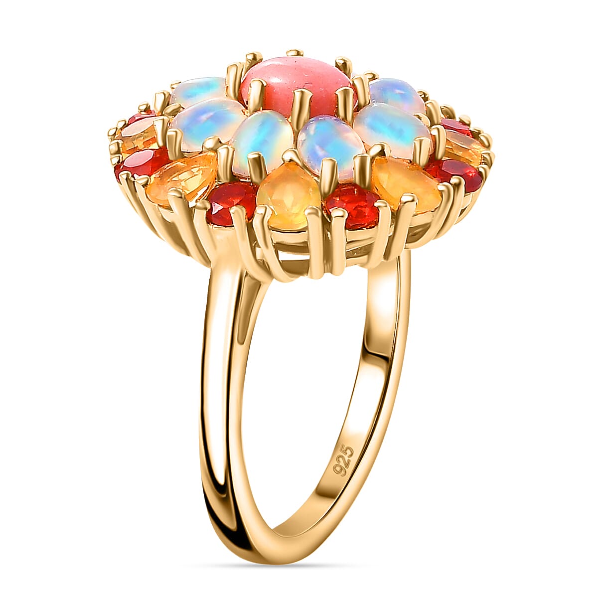 Opal Opulence - Peach, Welo, Yellow & Fire Opal Cluster Ring in 18K Vermeil Yellow Gold Plated Sterling Silver 2.86 Ct.