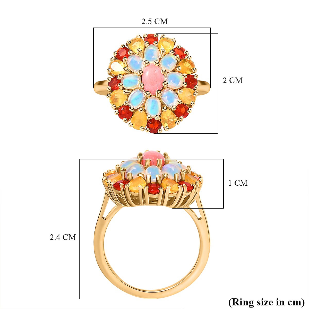 Opal Opulence - Peach, Welo, Yellow & Fire Opal Cluster Ring in 18K Vermeil Yellow Gold Plated Sterling Silver 2.86 Ct.