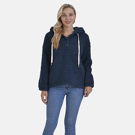 WINTER SPECIAL OFFER - - Maisi Plush Hoodie with Button Neck (Size S) - Navy