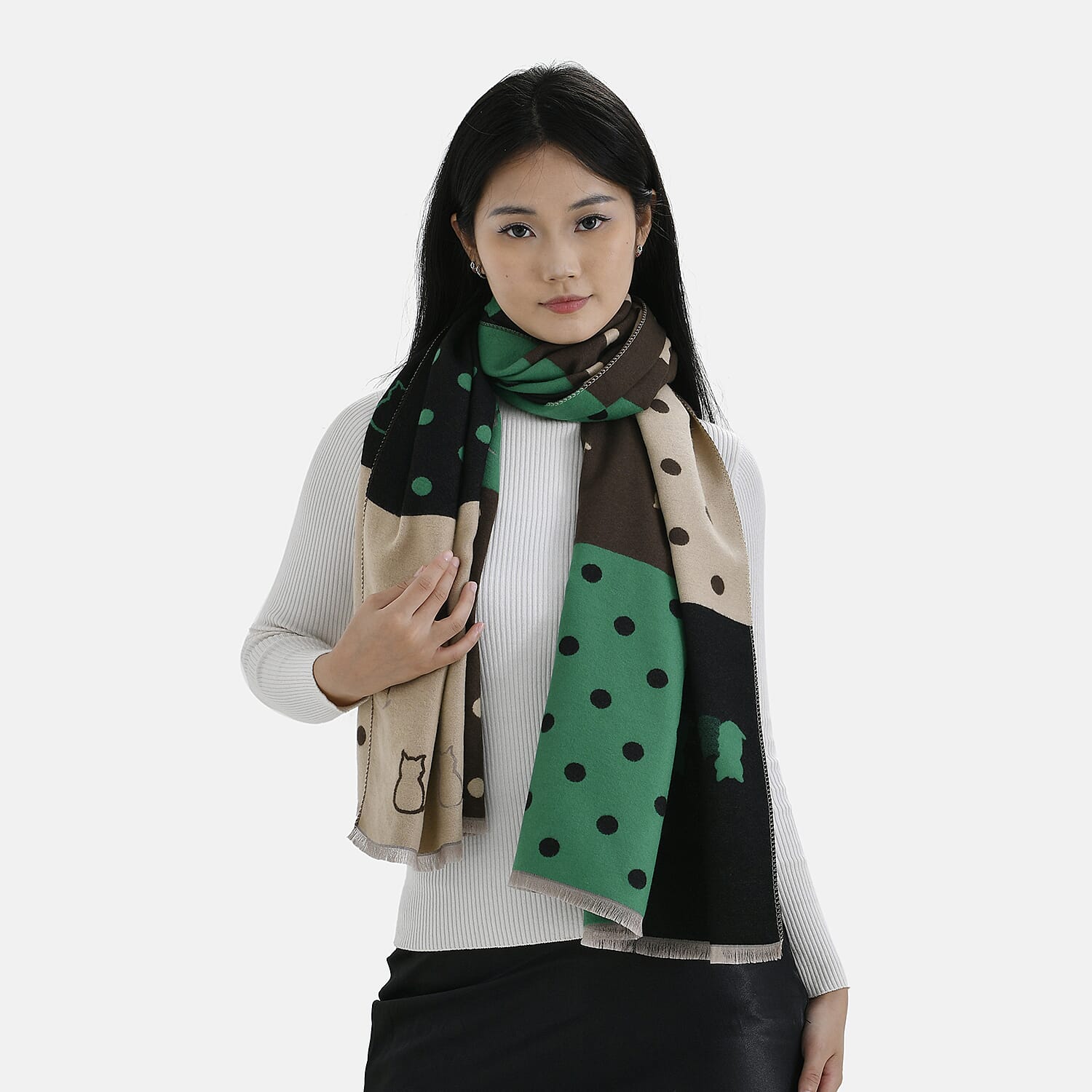 Viscose-Patchwork-Shawl-Size-68x1-cm-Green-Black-White-Brown