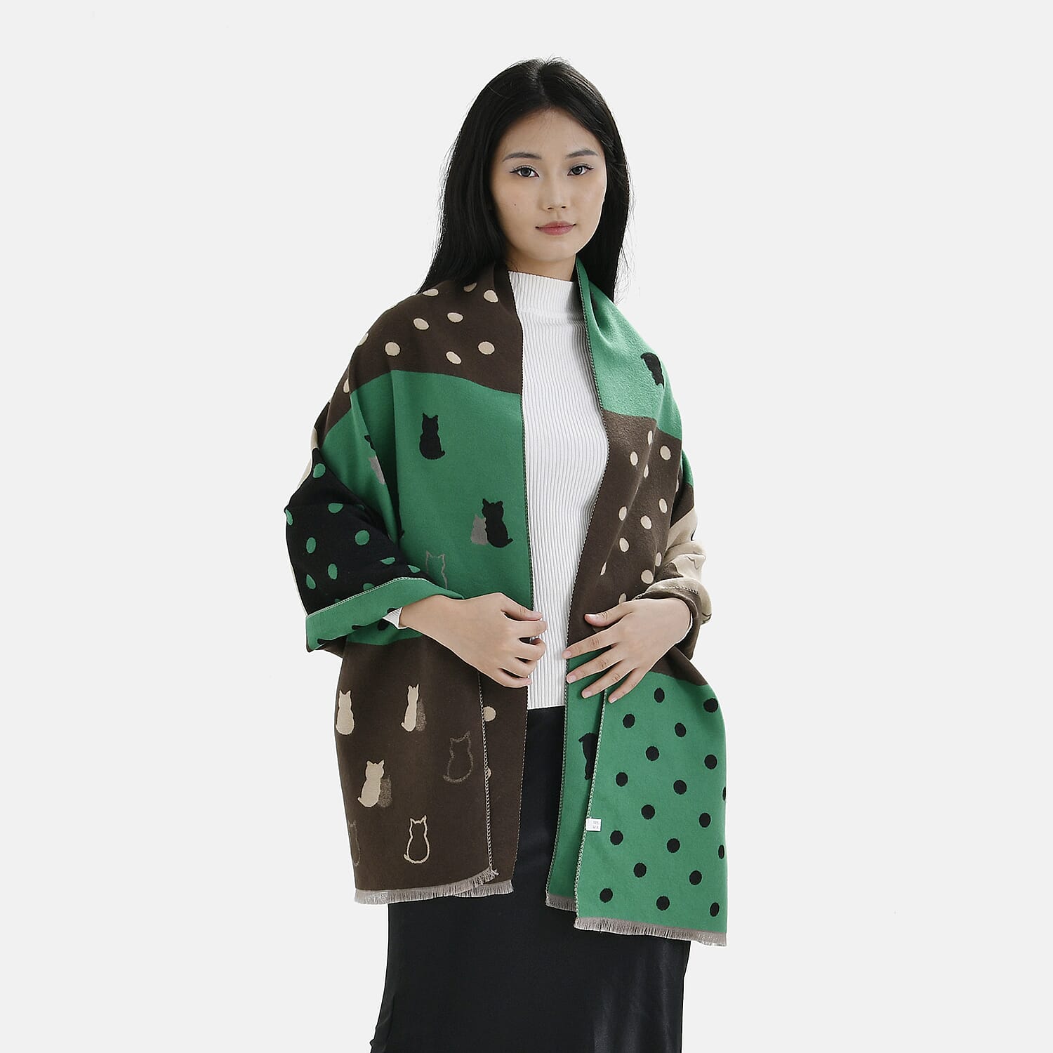 Viscose-Patchwork-Shawl-Size-68x1-cm-Green-Black-White-Brown