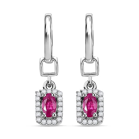 Gemfields Montepuez Ruby ,  White Zircon  Solitaire Stud Push Post Earring in rhodium Sterling Silver 1.40 ct