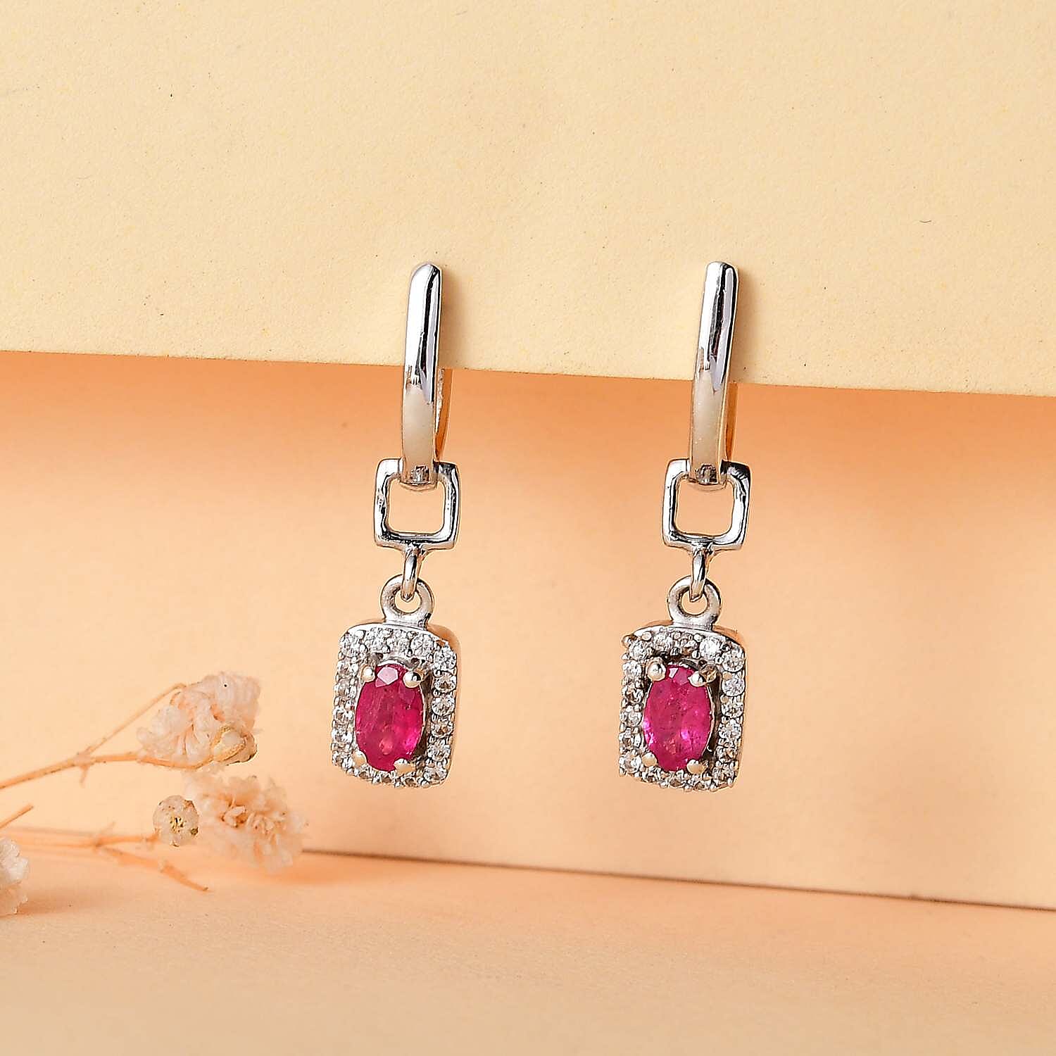 Gemfields Montepuez Ruby ,  White Zircon  Solitaire Stud Push Post Earring in rhodium Sterling Silver 1.40 ct