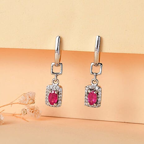Gemfields Montepuez Ruby ,  White Zircon  Solitaire Stud Push Post Earring in rhodium Sterling Silver 1.40 ct
