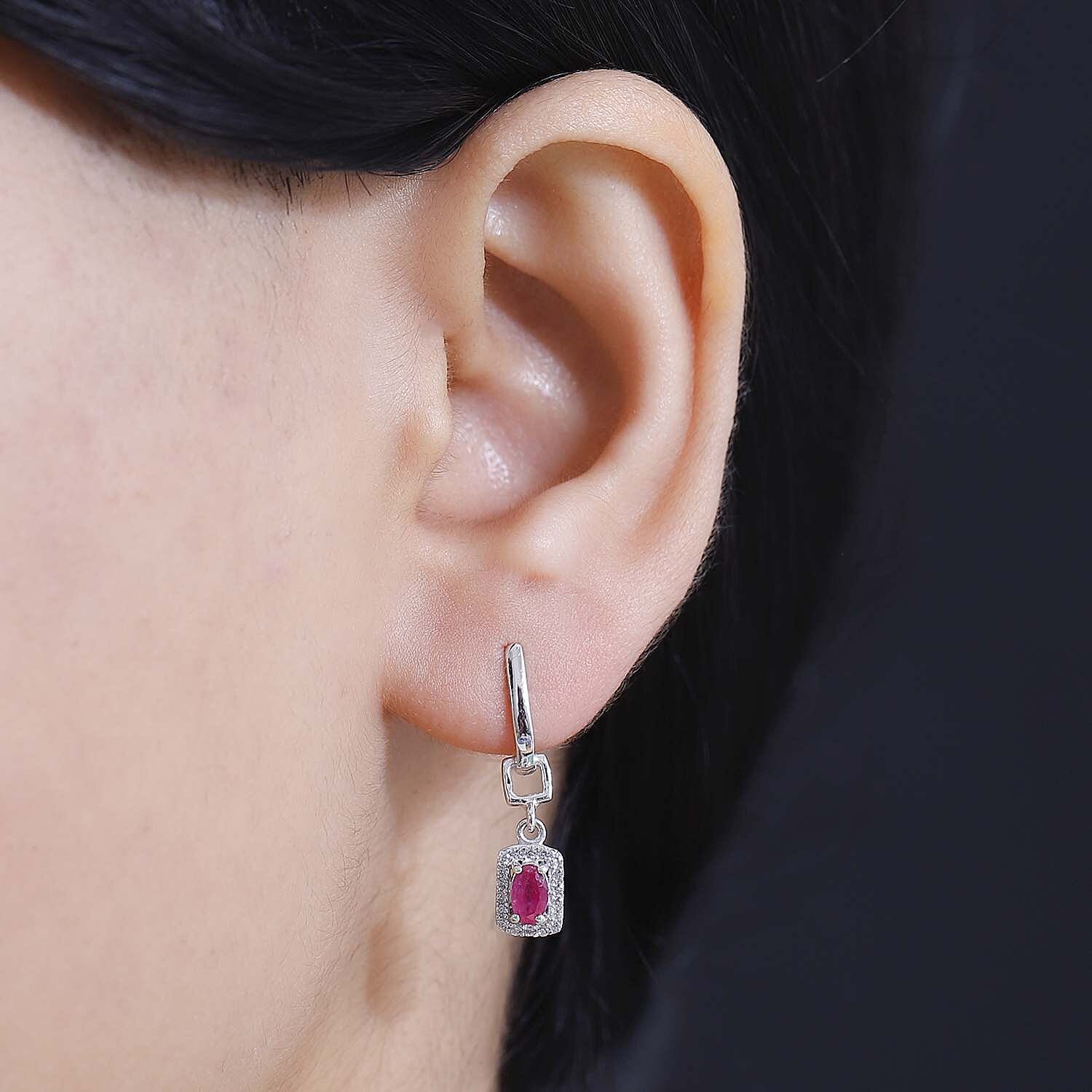 Gemfields Montepuez Ruby ,  White Zircon  Solitaire Stud Push Post Earring in rhodium Sterling Silver 1.40 ct