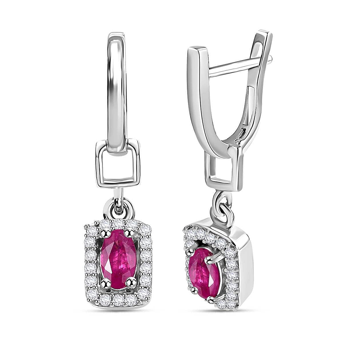 Gemfields Montepuez Ruby ,  White Zircon  Solitaire Stud Push Post Earring in rhodium Sterling Silver 1.40 ct
