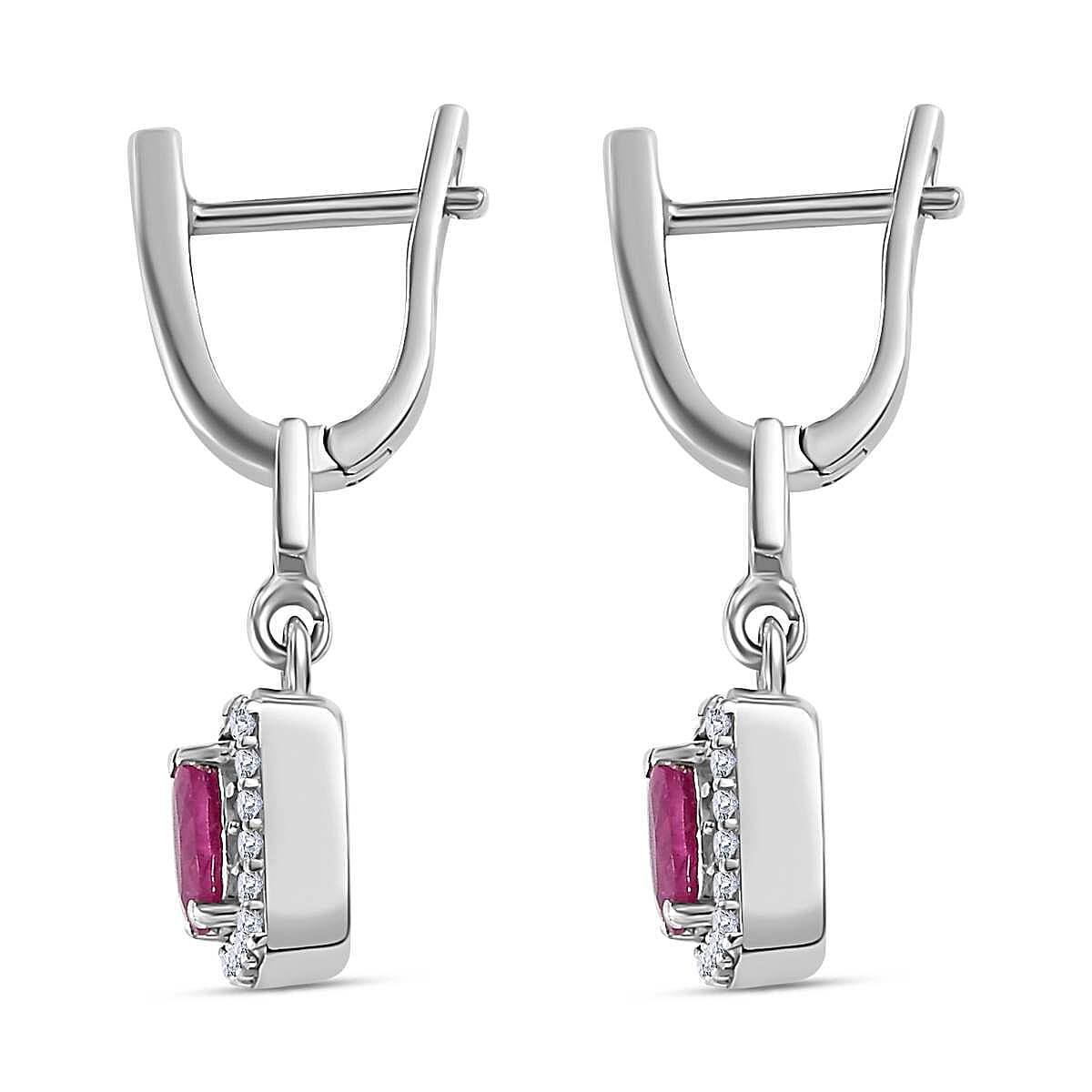 Gemfields Montepuez Ruby ,  White Zircon  Solitaire Stud Push Post Earring in rhodium Sterling Silver 1.40 ct