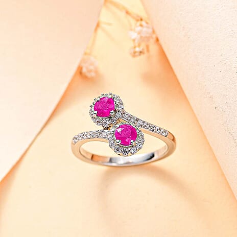 Gemfields Montepuez Ruby ,  White Zircon  Bypass Ring in rhodium Sterling Silver 1.44 ct