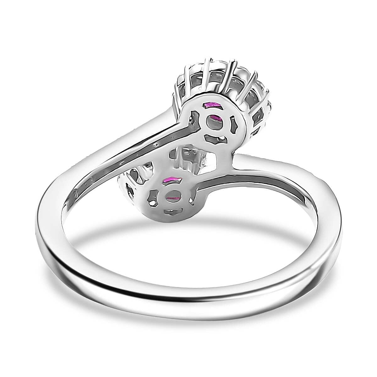 Gemfields Montepuez Ruby ,  White Zircon  Bypass Ring in rhodium Sterling Silver 1.44 ct