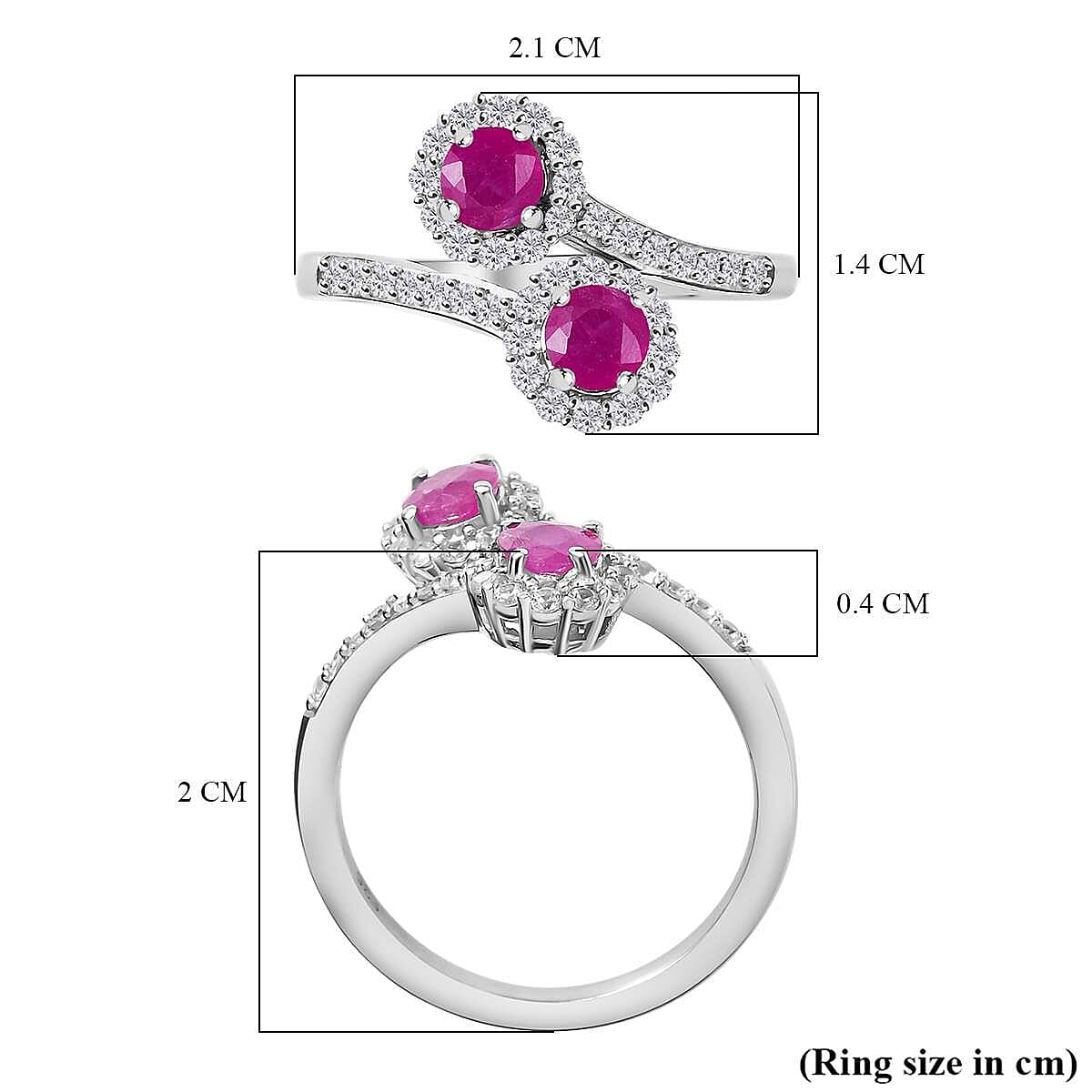 Gemfields Montepuez Ruby ,  White Zircon  Bypass Ring in rhodium Sterling Silver 1.44 ct