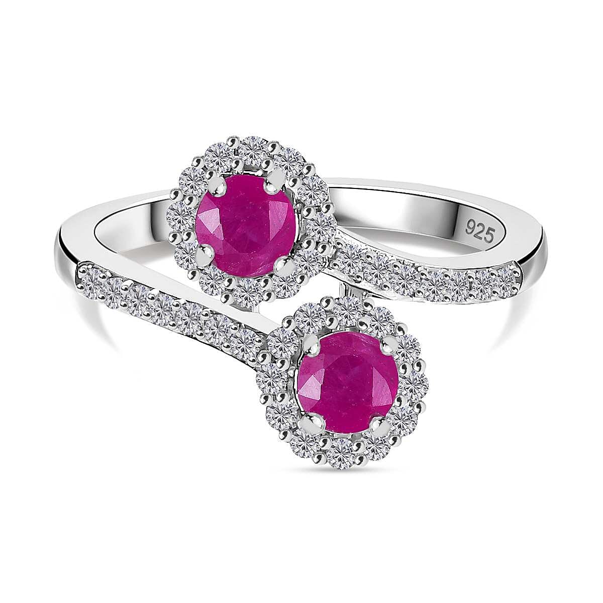 Gemfields Montepuez Ruby, White Zircon Bypass Ring in Rhodium Overlay Sterling Silver