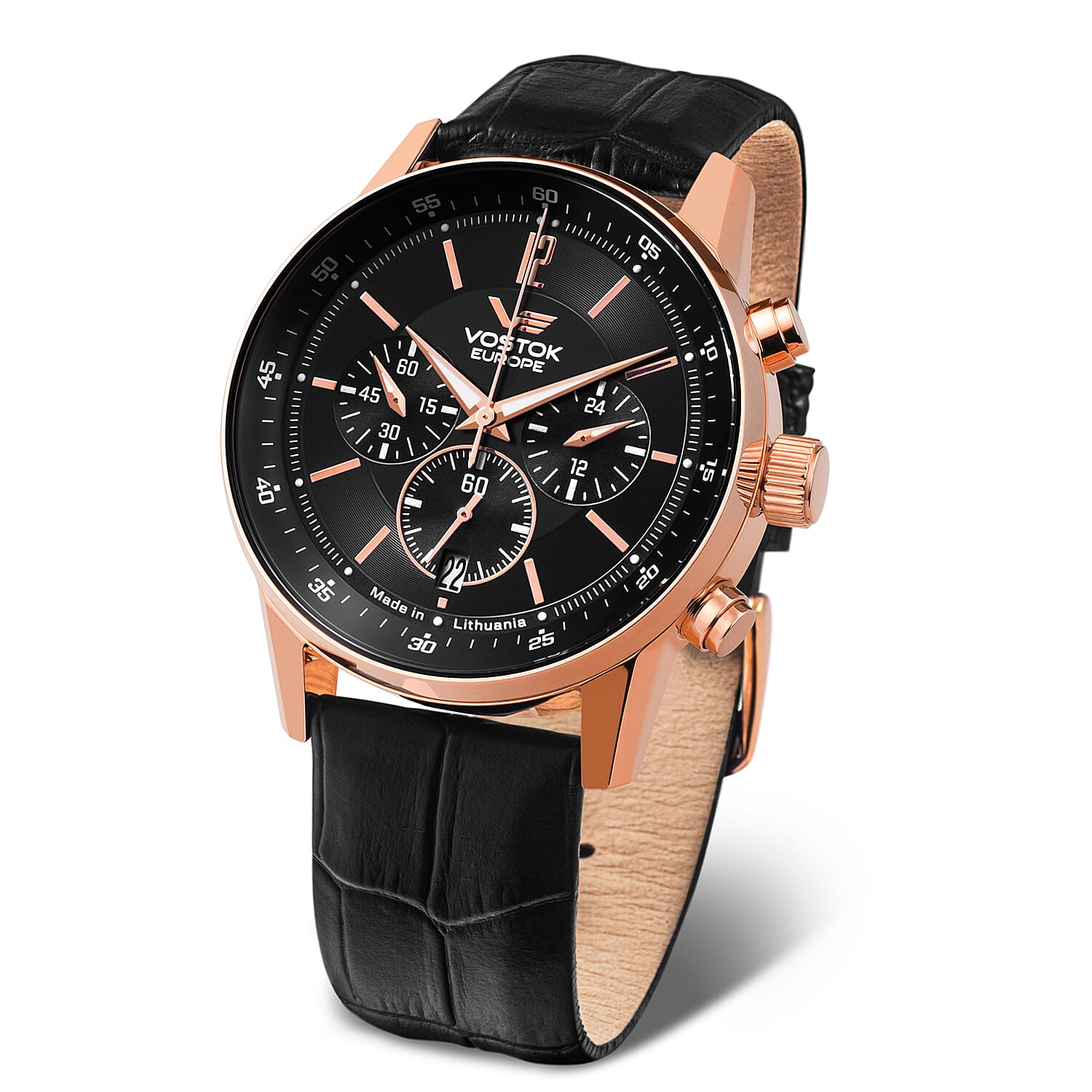 VOSTOK EUROPE Chronograph Movt. 5ATM WR Limousine Rose Gold PVD Mens Watch with Black Genuine Leather Strap