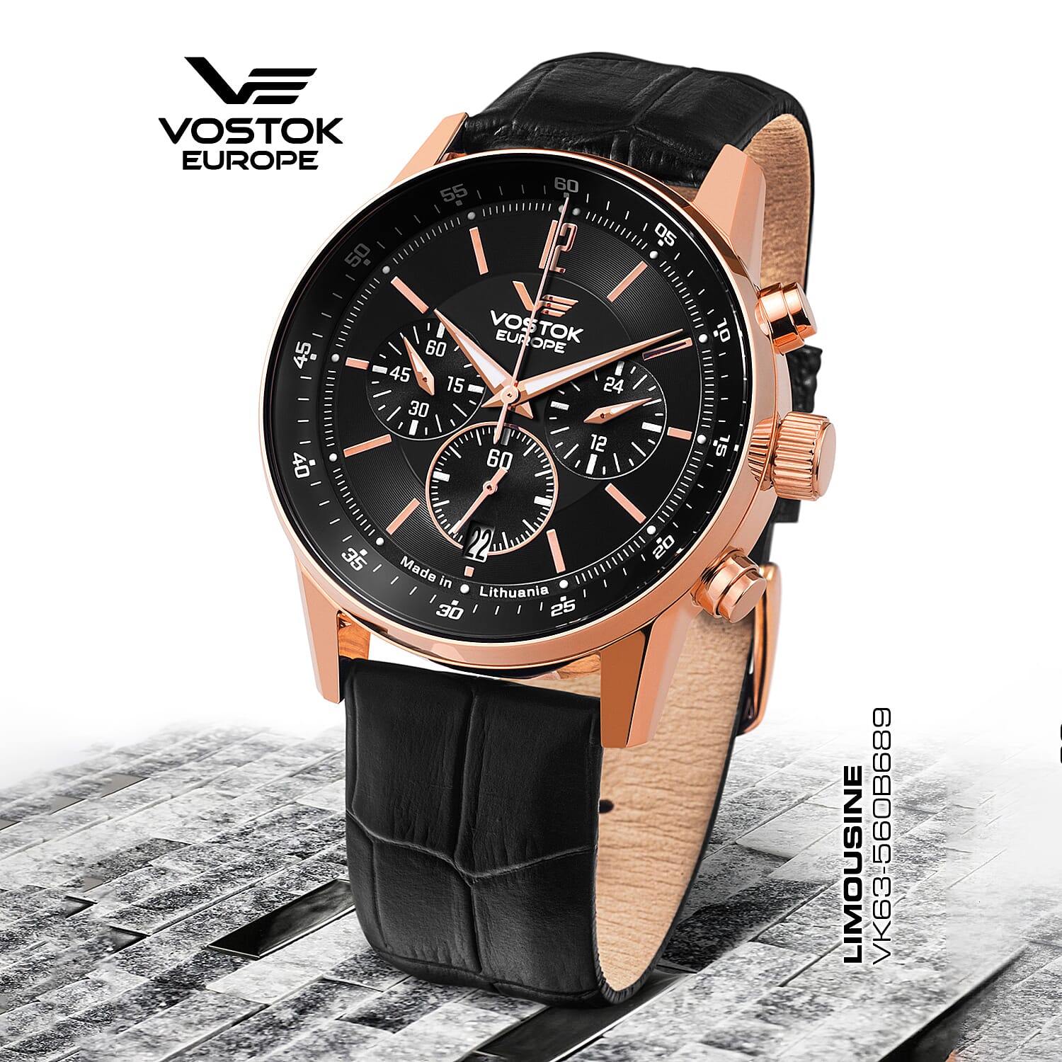 VOSTOK EUROPE Chronograph Movt. 5ATM WR Limousine Rose Gold PVD Mens Watch with Black Genuine Leather Strap