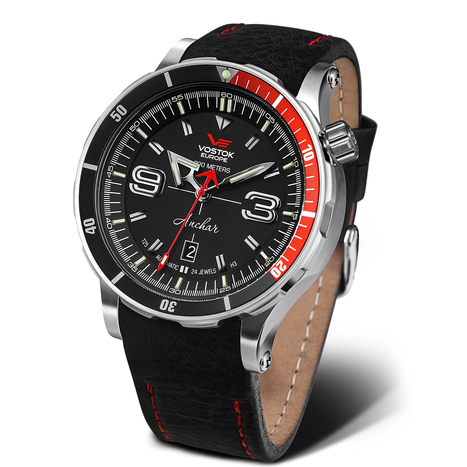 VOSTOK EUROPE Automatic Movt. Anchar 30ATM WR Mens Watch with Black Genuine Strap - Red