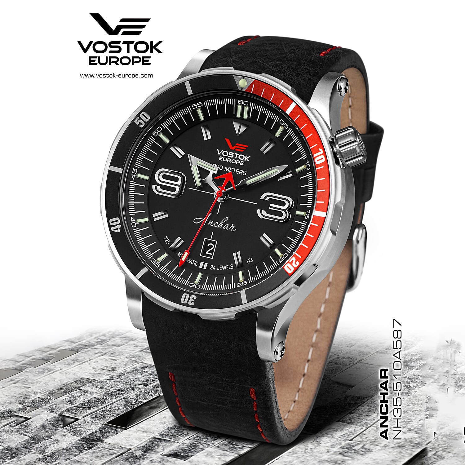 VOSTOK EUROPE Automatic Movt. Anchar 30ATM WR Mens Watch with Black Genuine Strap - Red