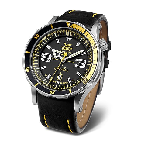 VOSTOK EUROPE Automatic Movt. Anchar 30ATM WR Mens Watch with Black Genuine Leather Strap - Yellow