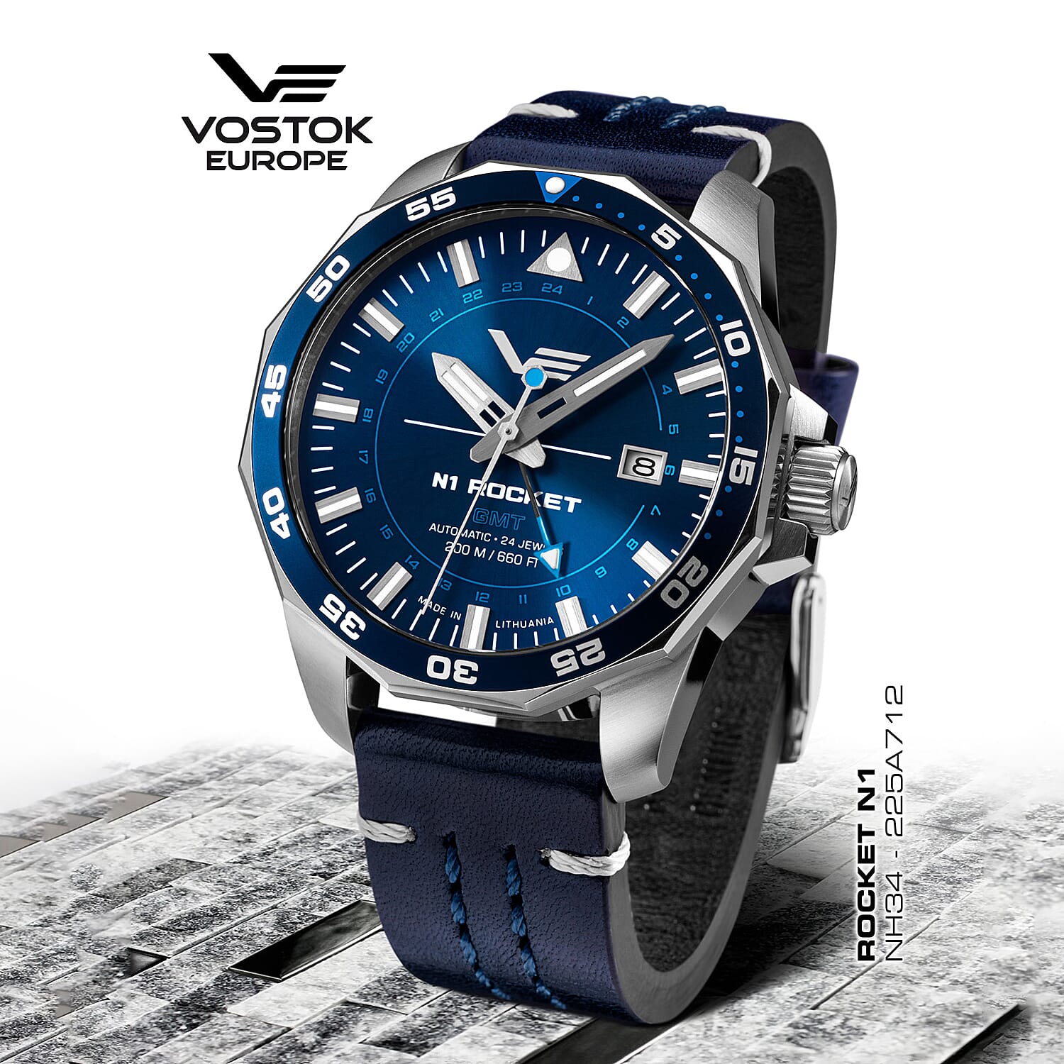 VOSTOK EUROPE Automatic Movt. 20ATM WR Mens Watch with Blue Genuine Leather Strap