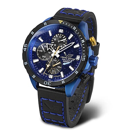 VOSTOK EUROPE Quartz Movt. Halleys Comet Blue PVD 20ATM WR Mens Watch with Blue Genuine Leather Strap