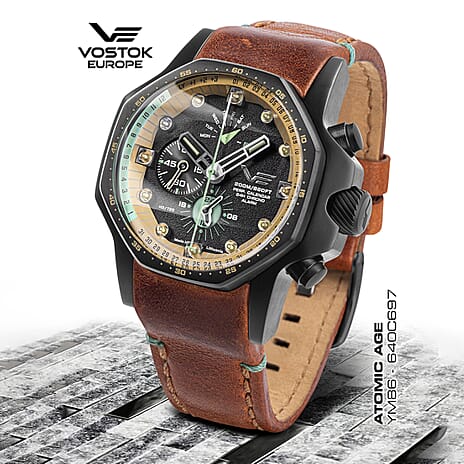 VOSTOK EUROPE Atomic Age Automatic Movt. Black PVD 20ATM WR Mens Watch with Brown Strap