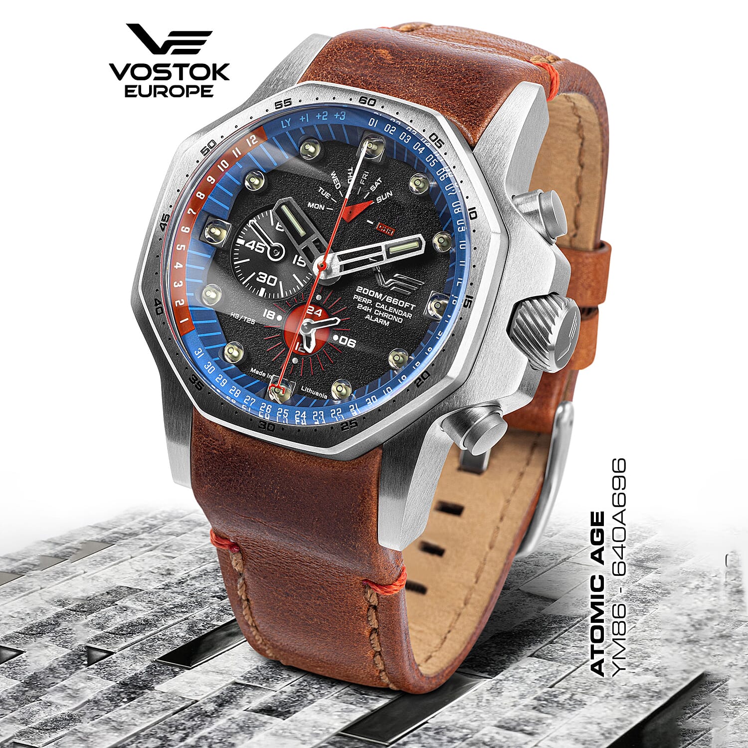 VOSTOK EUROPE Automatic Movt. Atomic Age 20ATM WR Mens Watch with Brown Genuine Leather Strap