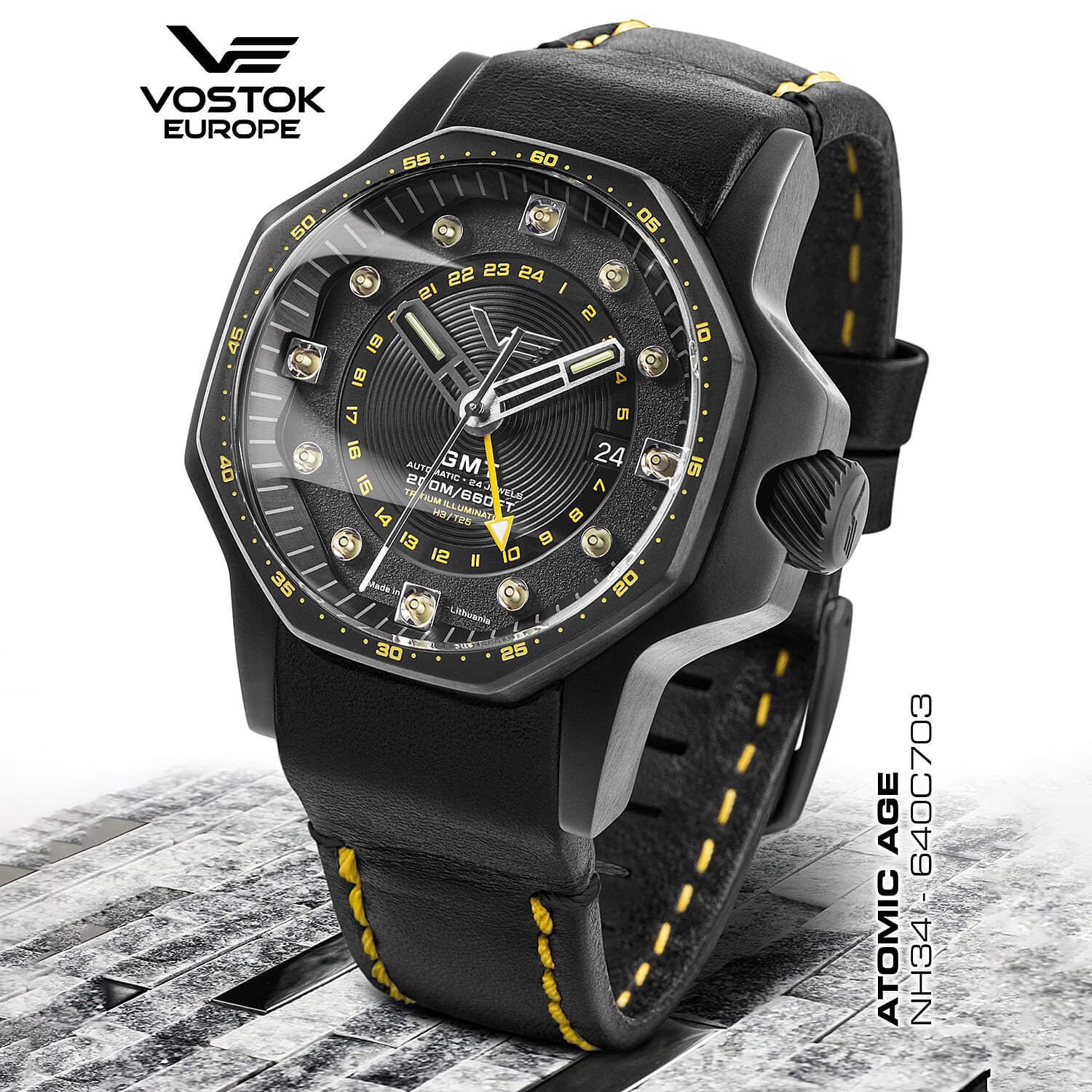 VOSTOK EUROPE Automatic Movt. Atomic Age Black PVD 20ATM WR Mens Watch with Genuine Leather Strap