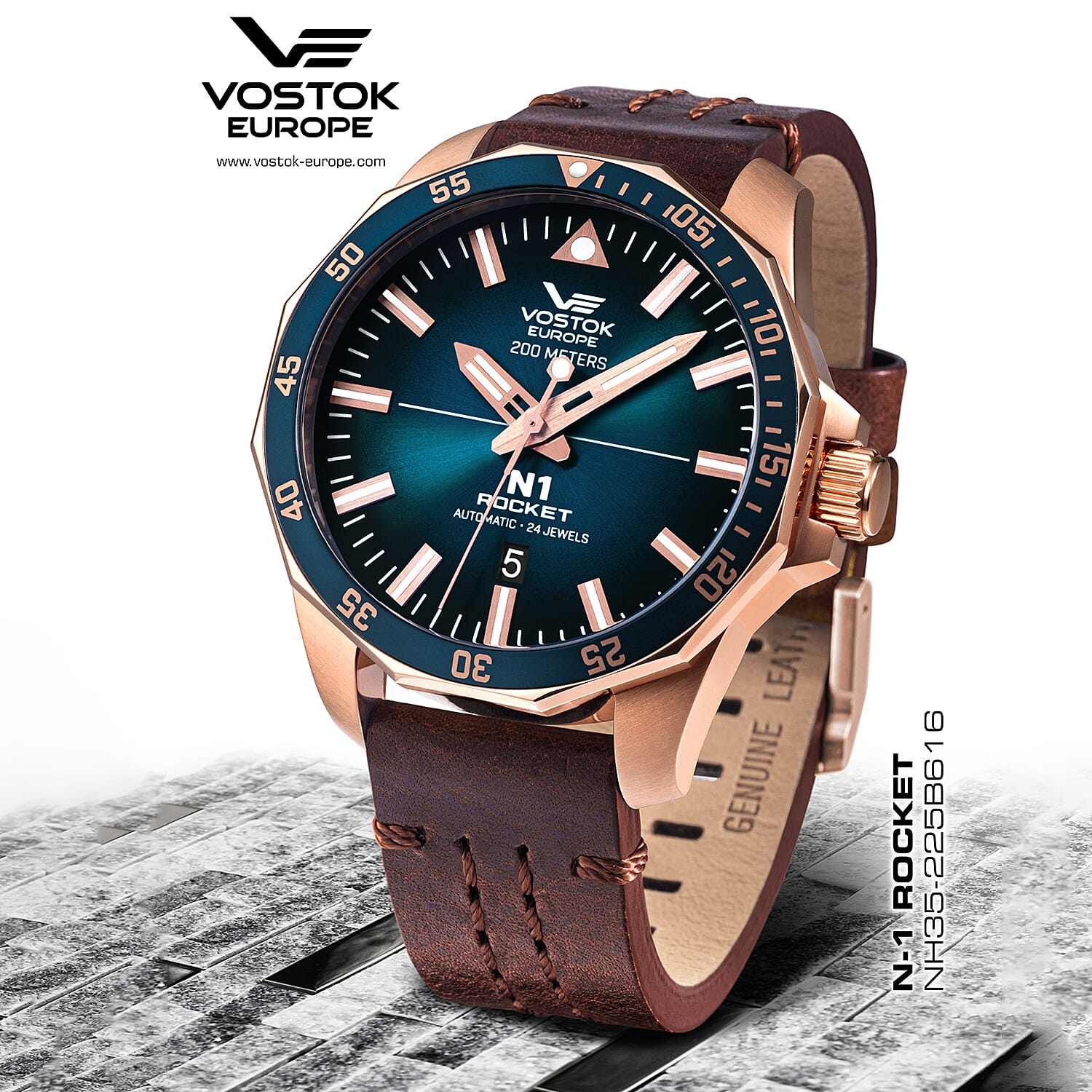 VOSTOK EUROPE Automatic Movt. Rocket N1 20ATM WR Mens Watch with Brown Genuine Leather Strap