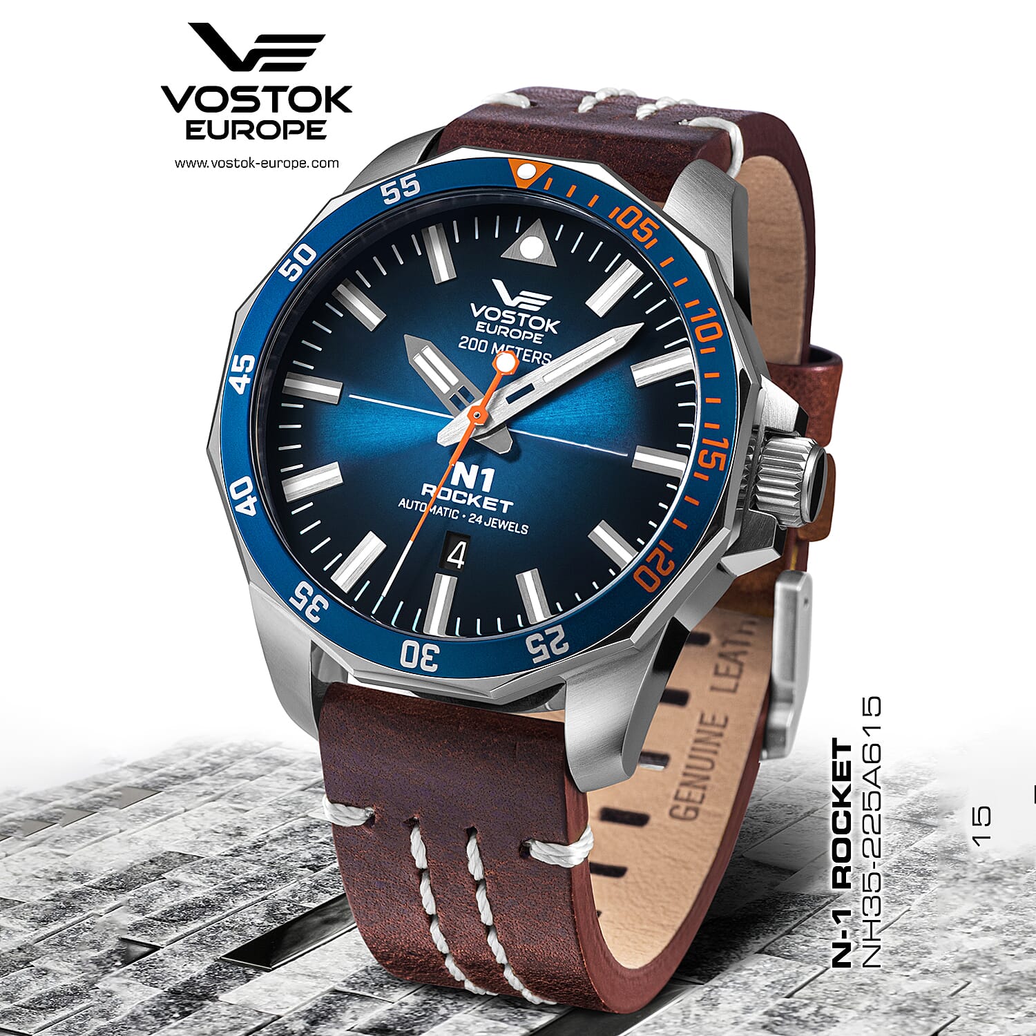 VOSTOK EUROPE Automatic Movt. Rocket N1 20ATM WR Mens Watch with Brown Genuine Leather Strap