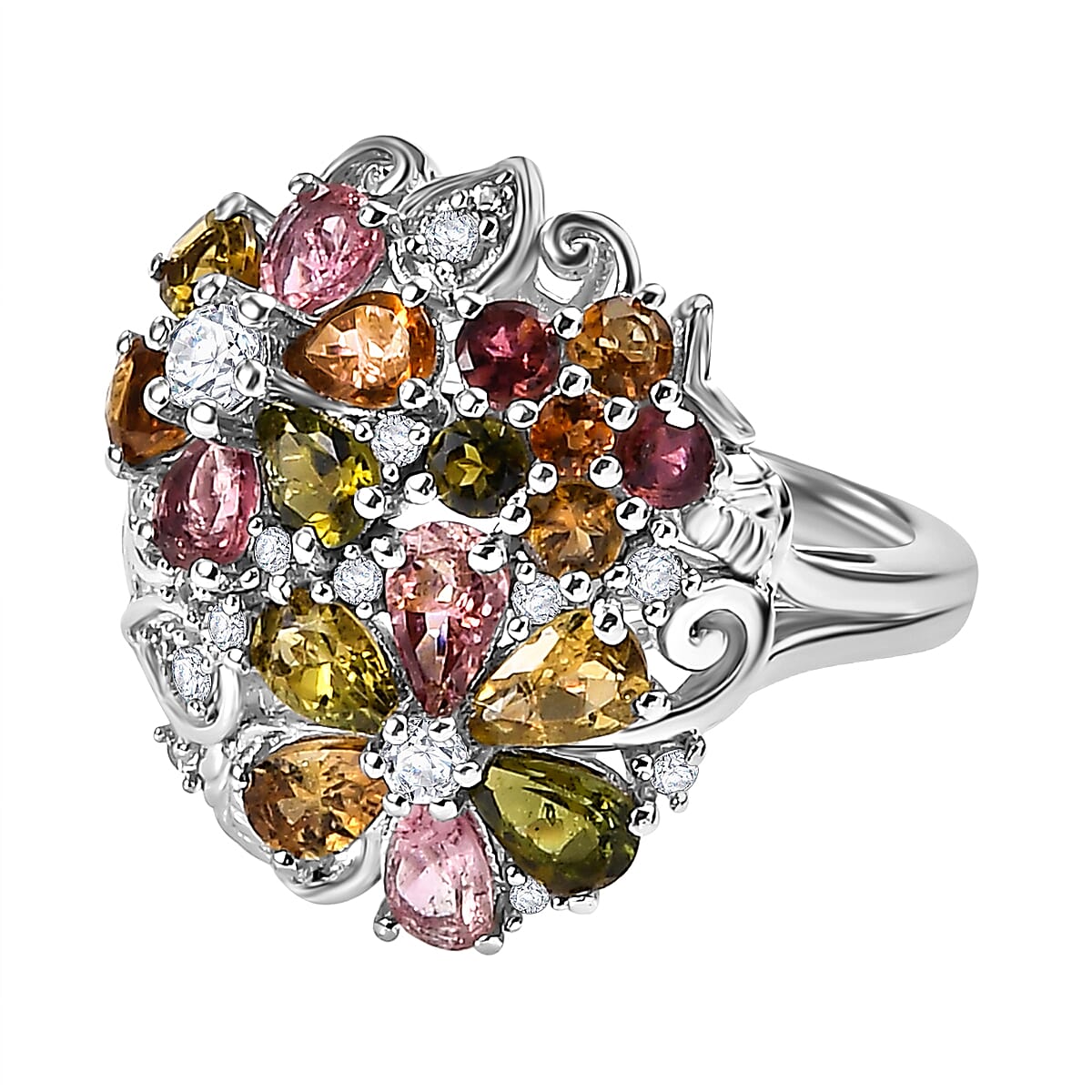 Multi-Tourmaline,White Zircon Cluster Ring in Rhodium Sterling Silver 2.930  Ct.