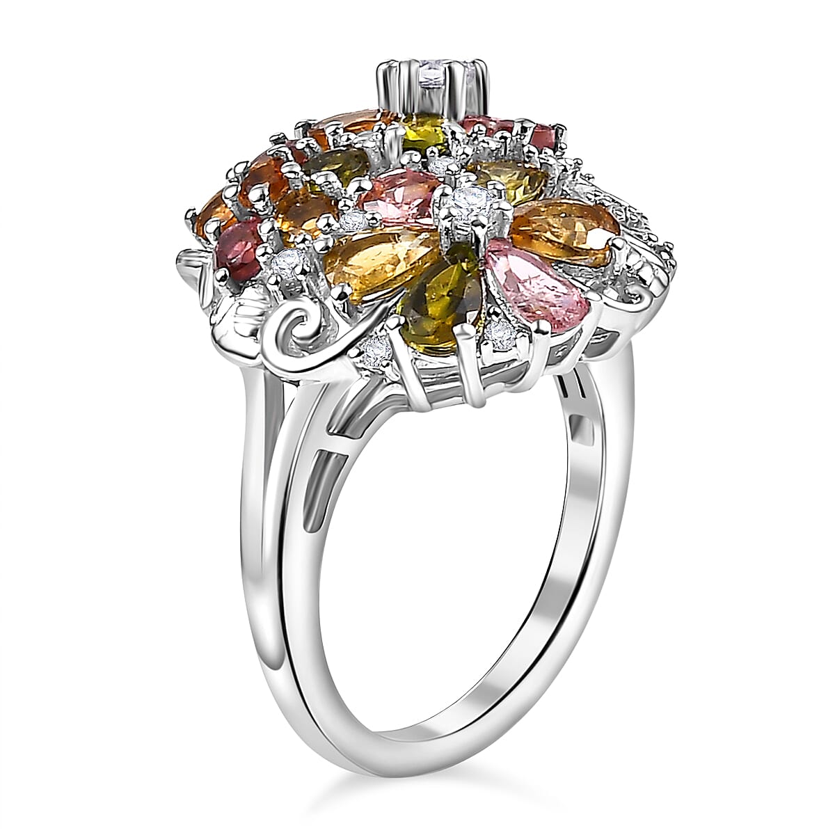 Multi-Tourmaline,White Zircon Cluster Ring in Rhodium Sterling Silver 2.930  Ct.