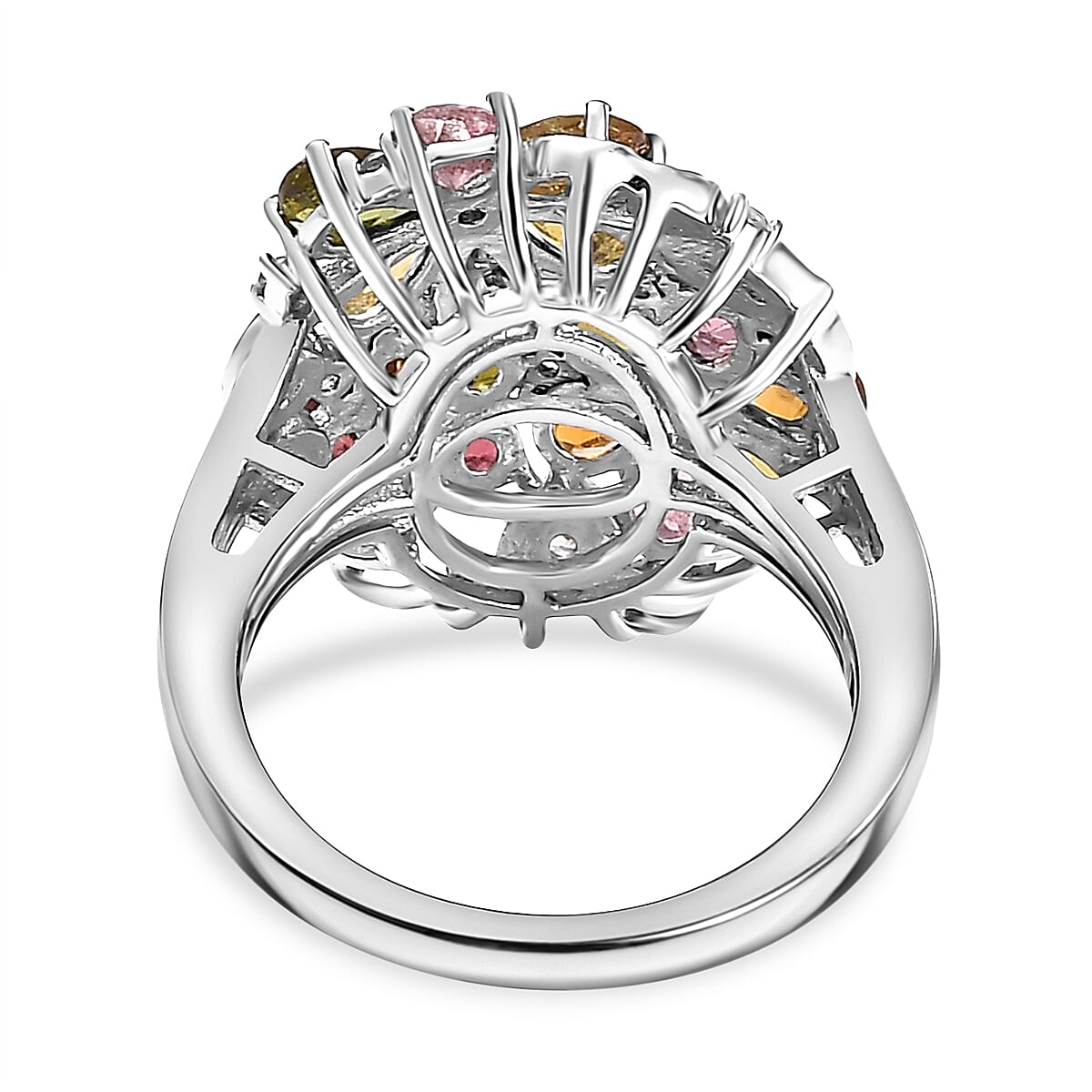 Multi-Tourmaline,White Zircon Cluster Ring in Rhodium Sterling Silver 2.930  Ct.