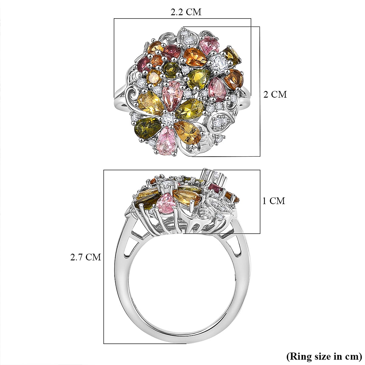 Multi-Tourmaline,White Zircon Cluster Ring in Rhodium Sterling Silver 2.930  Ct.