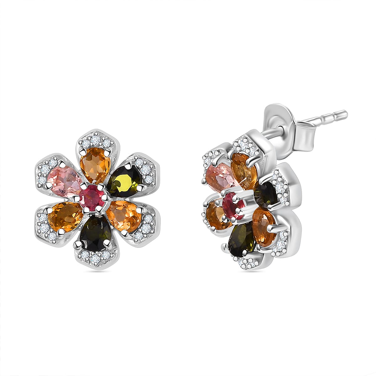 Multi-Tourmaline & White Zircon Earring With Push Back in Rhodium Overlay Sterling Silver 1.96 Ct.