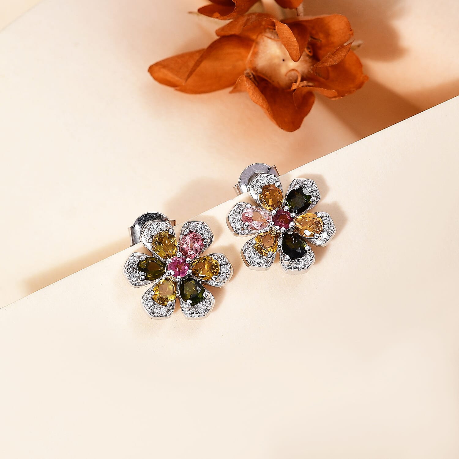 Multi-Tourmaline & White Zircon Earring With Push Back in Rhodium Overlay Sterling Silver 1.96 Ct.