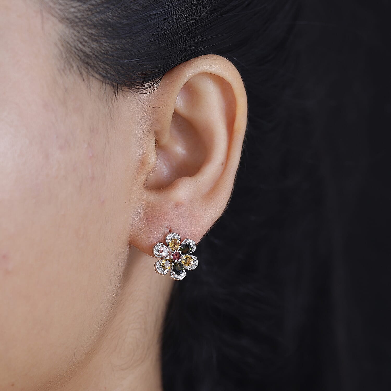 Multi-Tourmaline & White Zircon Earring With Push Back in Rhodium Overlay Sterling Silver 1.96 Ct.