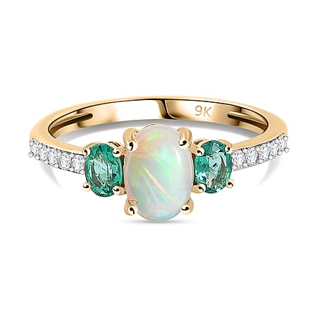 9K Yellow Gold AA Ethiopian Opal, Emerald, Moissanite Halo Ring