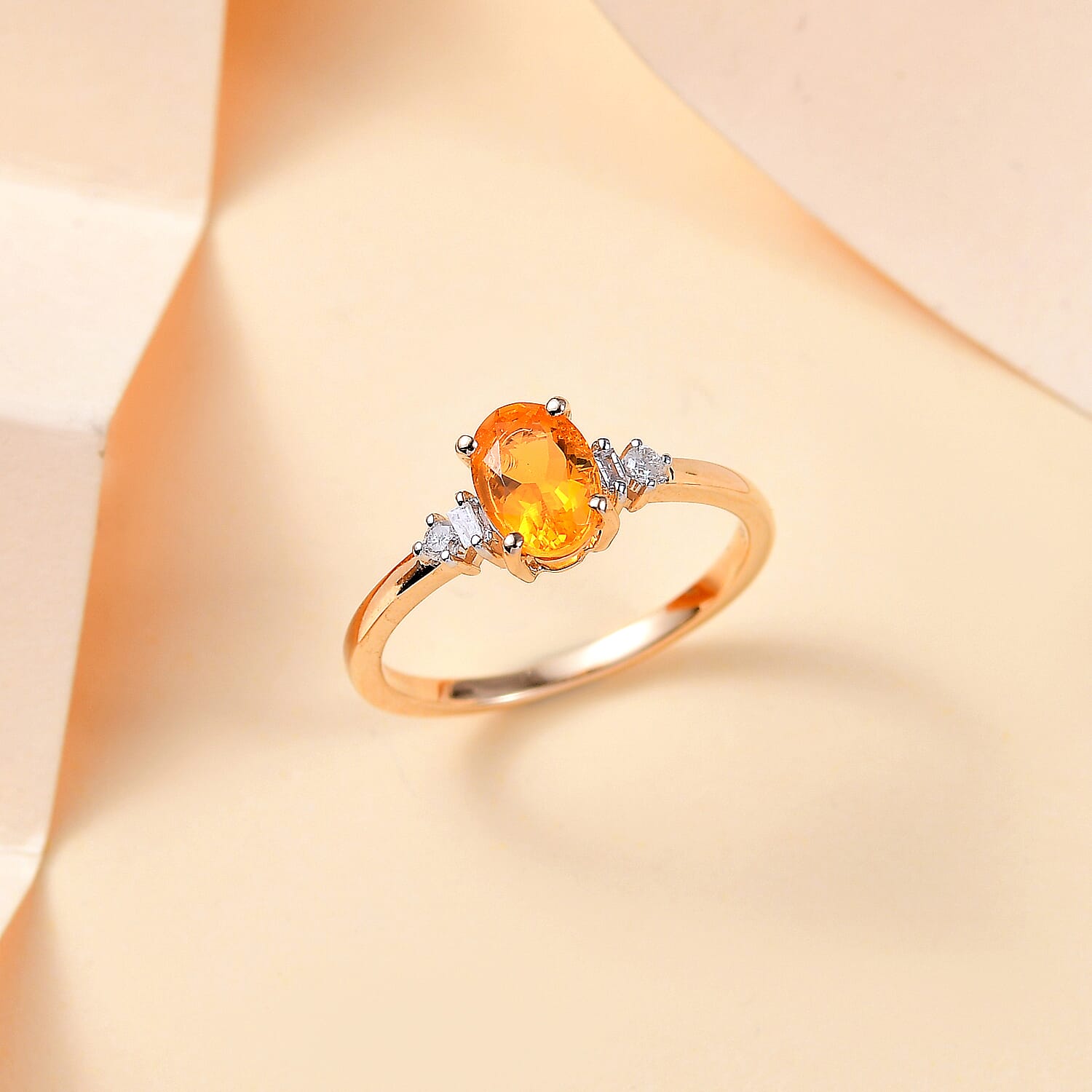 9K Yellow Gold  AA Fire Opal, White Diamond Solitaire Ring Ct 0.60.