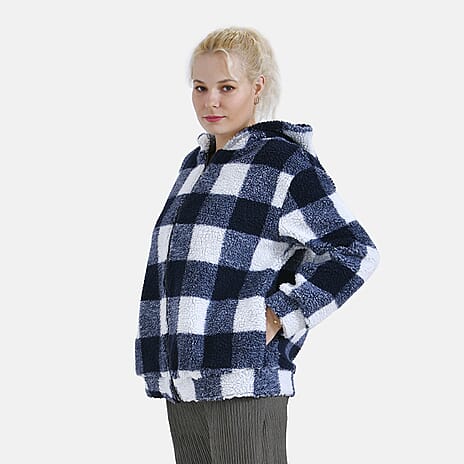 La Marey Plaid Plush Coat with Hood (Size L) - Blue