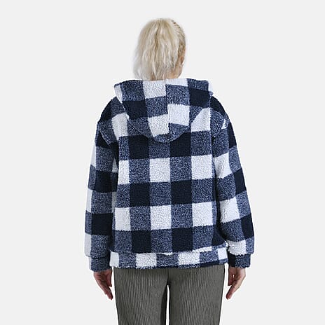 La Marey Plaid Plush Coat with Hood (Size L) - Blue