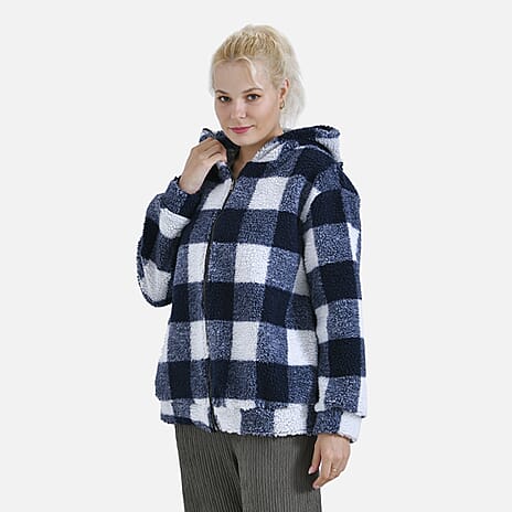 La Marey Plaid Plush Coat with Hood (Size L) - Blue
