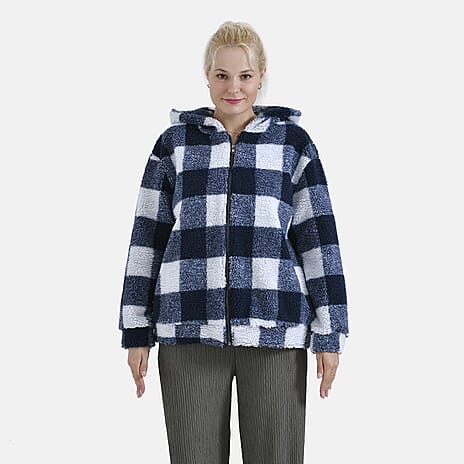 La Marey Plaid Plush Coat with Hood (Size L) - Blue