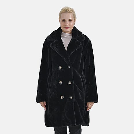 La Marey Plush Button-up Coat (Size L-XL) - Black