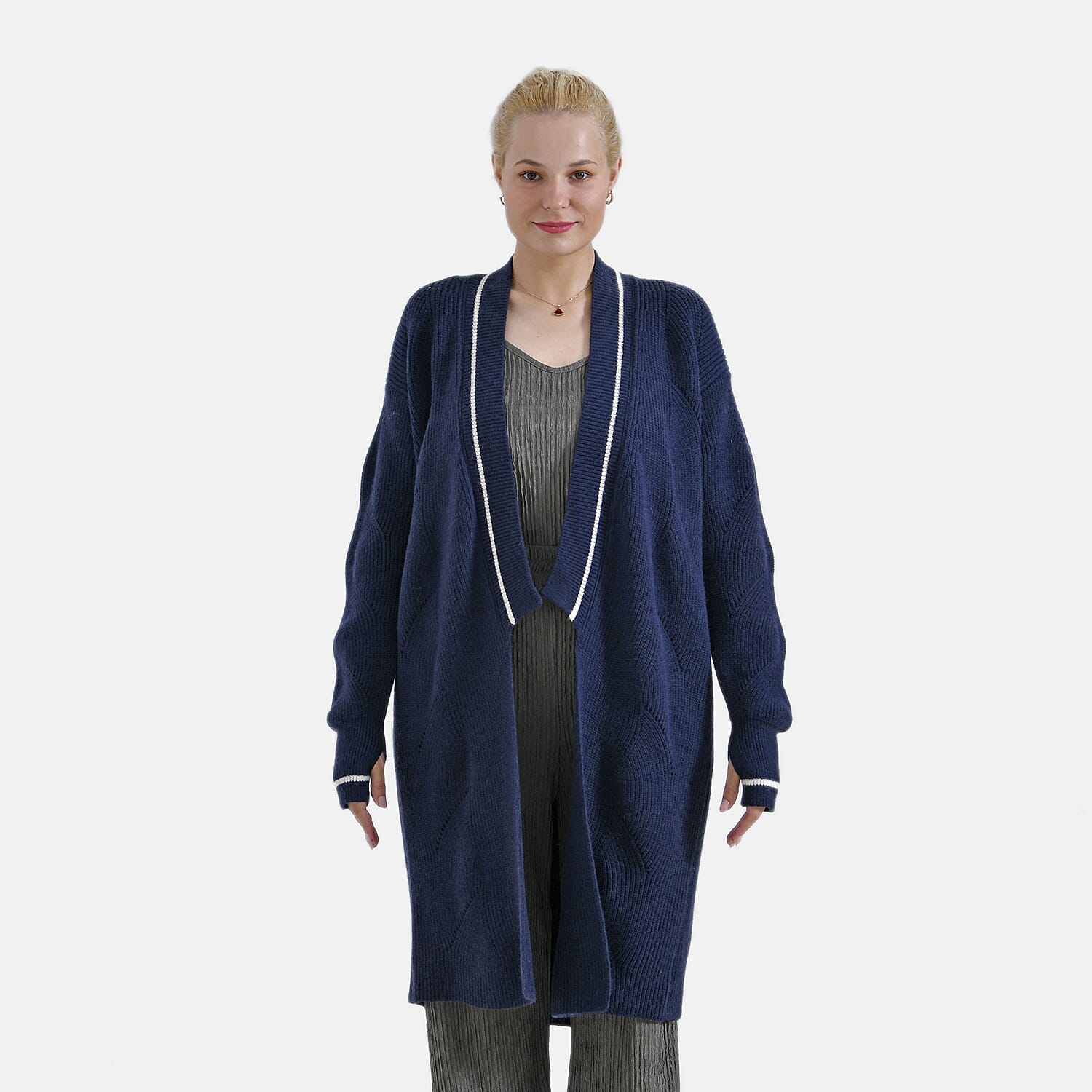 Tamsy Knitted Long Cardigan (Size 96x58 cm) - Navy
