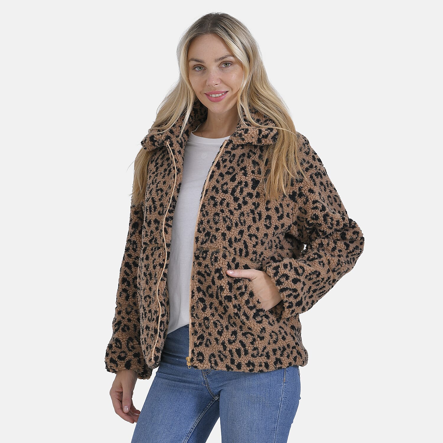 La Marey Leopard Pattern Plush Jacket with Pockets
