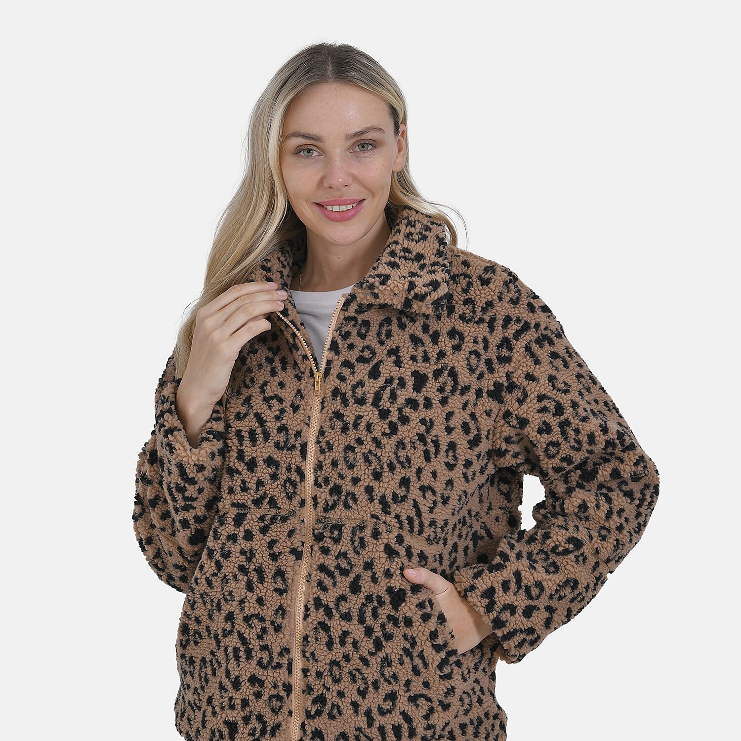 La Marey Leopard Pattern Plush Jacket with Pockets