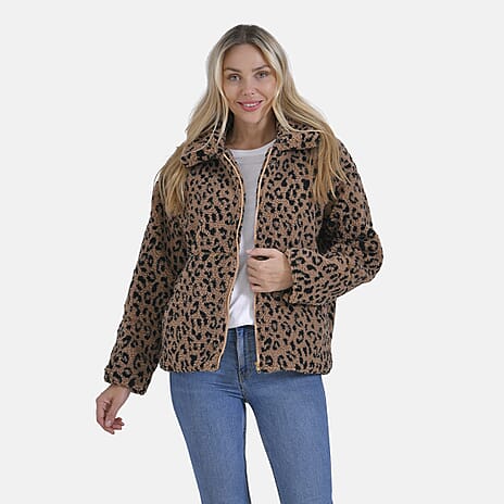 Ladies Plush Leopard Printed Jacket with Pockets (Size L) - Brown