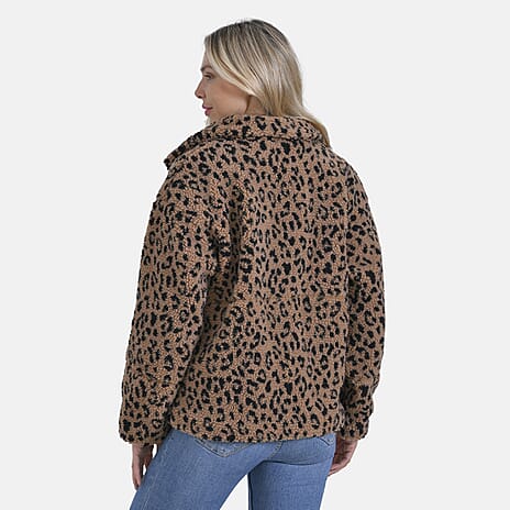 Ladies Plush Leopard Printed Jacket with Pockets (Size L) - Brown